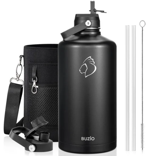Buzio Duet Series Gallon Bottle with 2 Lids and Sleeve 3.8L - Black